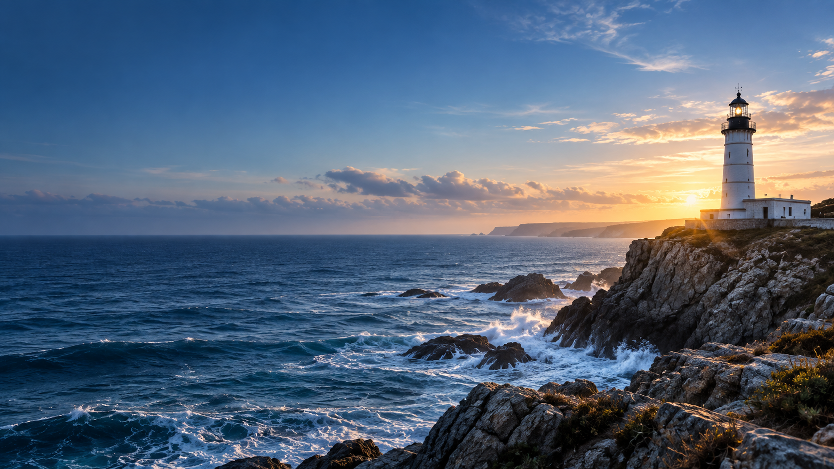 Faro sobre la costa atlántica de Cádiz al atardecer